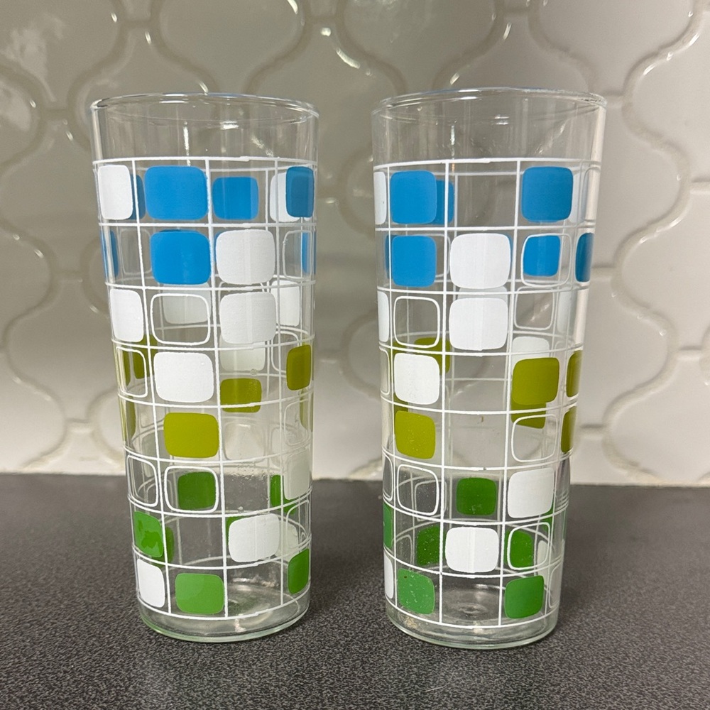 Mid-Century Modern Square Pattern Drinking Glasses in Blue, Green & White